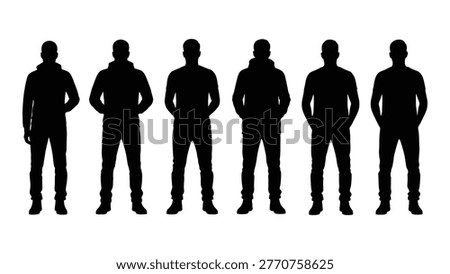 Six silhouetted men stand in a row, creating a stark and minimalist visual representation.