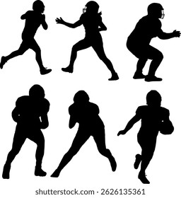 six silhouettes of american football players with different movements