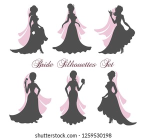 Six Silhouettes of brides in bridal veil. Vector illustration.