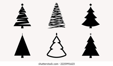 Six silhouettes of Christmas trees of different shapes. Christmas greeting card template. Vector illustration.