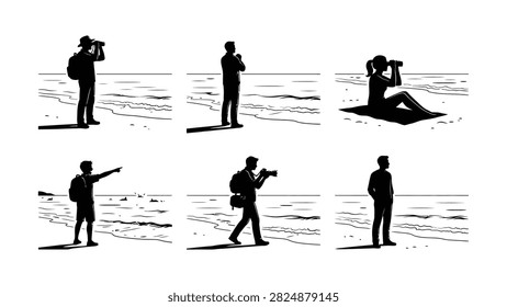Six silhouettes demonstrate different ways people take photos at beachside