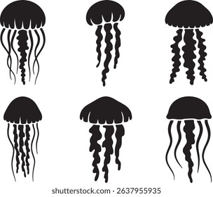Six silhouettes of jellyfish ocean life aquatic