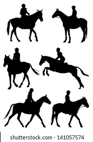 Six silhouettes of jockey riding race horse. Vector illustration.