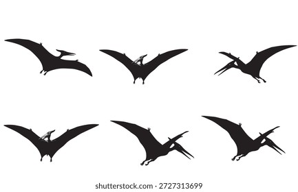 Sechs Silhouetten von Pterodactylen im Flug.