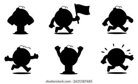 Six silhouettes of a running cartoon character in various poses