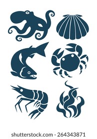 Six silhouettes of sea life on the white background.