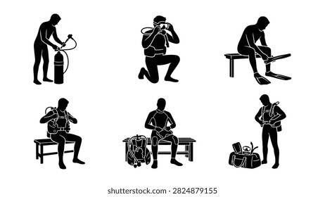 Six silhouettes show diver preparing gear including tank camera flippers and equipment bag