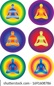 Six silhouettes of a yogi in an asana lotus in a colorful circles, symbolizing immunity and aura. Vector art graphic.