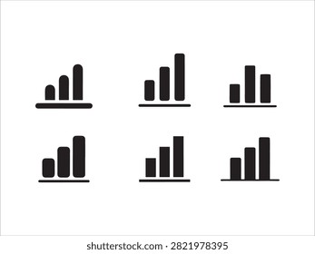 Six simple black bar chart icons showing upward growth trends