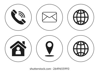 Six simple black icons are arranged in two rows on a white background. The top row features a telephone receiver with sound waves, an open envelope, and a stylized globe. The bottom row displays a hou