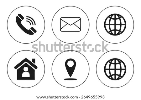 Six simple black icons are arranged in two rows on a white background. The top row features a telephone receiver with sound waves, an open envelope, and a stylized globe. The bottom row displays a hou