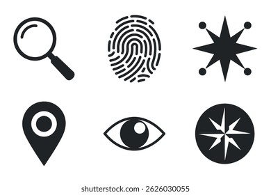 Six simple black icons on white background: magnifying glass, fingerprint, star, location pin, eye, and compass rose.