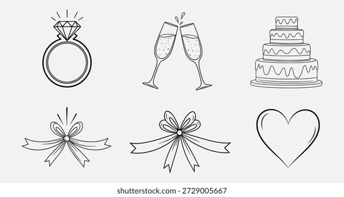 Seis sencillos dibujos de líneas negras que representan Elementos de novia: anillo, champán, pastel, lazos y corazón.