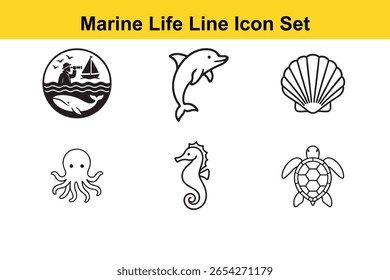 Six simple black line icons depicting various sea creatures and nautical elements.