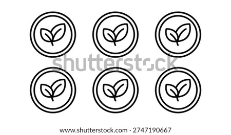 Six simple black outline vector icons displaying a stylized twin leaf design within a circular border suggesting organic certification and sustainable healthy food choices.