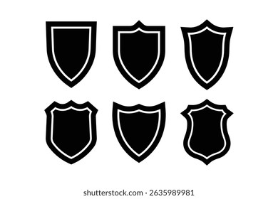 Seis escudos negros simples con contornos blancos sobre un fondo blanco para conceptos de protección