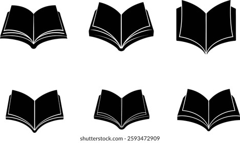 Six simple, black silhouette icons of open books on a white background.	