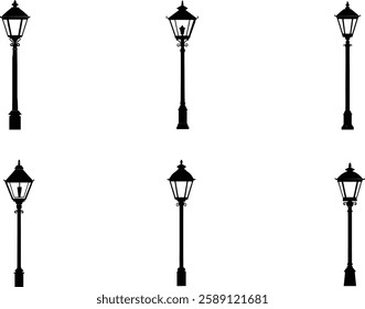  Six simple, black silhouette illustrations of classic street lamps.