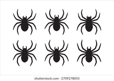 Seis silhuetas simples e pretas de aranha são dispostas sobre um plano de fundo branco.