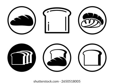 Six Simple Black and White Bread Icons: Loaf, Slice, and Toasted Bread Illustrations.