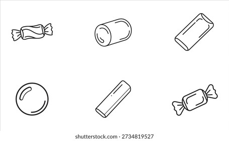 Six simple black and white line art illustrations of various candies and sweets, including wrapped candies, cylindrical hard candies, rectangular gum sticks, and a spherical gumball on white.
