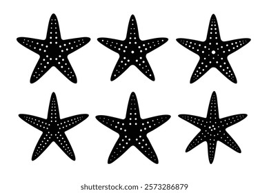 Six simple, black and white silhouettes of starfish, with a speckled texture.