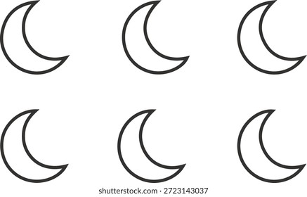 Seis contornos simples de la luna creciente sobre fondo blanco