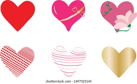 Six simple different abstract isolated hearts in pink, red and gold