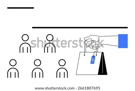 Six simple figures, a hand holding a discount-tagged shopping bag. Ideal for marketing, e-commerce, customer engagement, sales promotion, advertising, consumer behavior, visual metaphor. Line