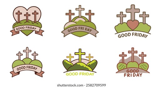 Six simple flat design emblems evocative of Good Friday. 