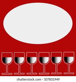 Six simple flat white glass with white wine on a red background and a white cloud for text. All isolated.