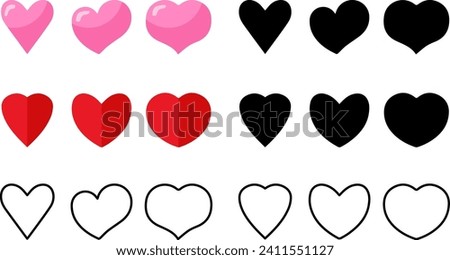 six simple heart icons in different styles and colors, red, black and line. with a white background, perfect for a celebration full of love