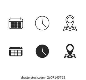 Six simple icons: calendar (two variations), clock (two variations), and map pin (two variations), arranged in a 2x3 grid, all in black on a white background.