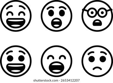 Six Simple Line Art Emoticons: Happy, Surprised, Sad, Angry, Annoyed, and Furious Expressions.