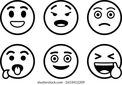 Six Simple Line Art Emoticons: Happy, Surprised, Sad, Angry, Annoyed, and Furious Expressions.
