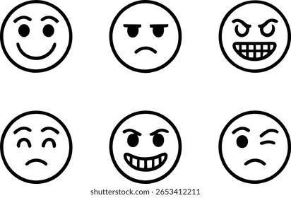 Six Simple Line Art Emoticons: Happy, Surprised, Sad, Angry, Annoyed, and Furious Expressions.