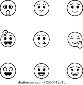 Six Simple Line Art Emoticons: Happy, Surprised, Sad, Angry, Annoyed, and Furious Expressions.