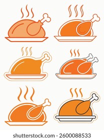 Six Simple Line Art Icons of Roasted Chicken Dishes