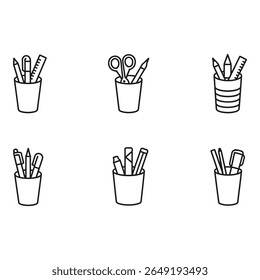 Six Simple Line Art Illustrations Stationery Cups Organized Desk Supplies Minimalist Office Icons