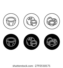 Six simple line icons depicting a bowl a container with round objects and a ringshaped container in white on transparent backgrounds