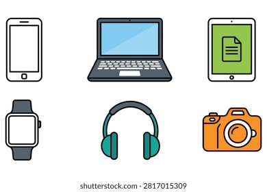 Six simple line icons depicting smartphone tablet laptop camera headphones smartwatch document
