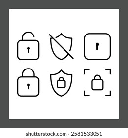 Six simple line icons representing security concepts