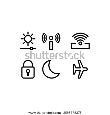 Six simple line icons screen button. for brightness, wifi, airplane mode, lock, moon, and wifi with a device. Suitable for technology concept designs.