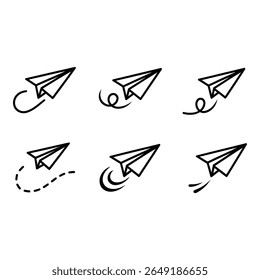 Six Simple Paper Airplane Icons Black Line Art Flight Messaging Modern Design Vector Illustration