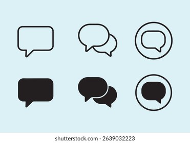 Six simple speech bubble icons; white and black variations, single and double bubbles, and circled versions.
