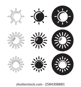 Six Simple Sun and Moon Icons in Black and White. flat, outline, and minimalist vector icons on a white background.
