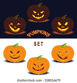 Six simplified images of Halloween pumpkins with different smiling facial expressions isolated on dark and white. Elements for holiday design.  