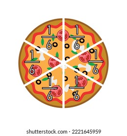 Six sixths pizza fractions. Fraction for kids. Pizza slices. Fraction fun with pizza. vector illustration isolated on white background.