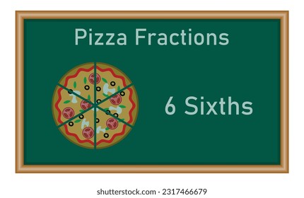Six sixths pizza fractions. Fraction for kids. Pizza slices. Fraction fun with pizza. Mathematics resources for teachers and students. Vector illustration.