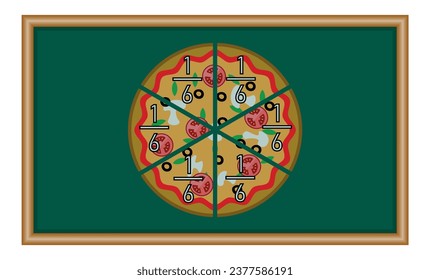 Six sixths pizza fractions. Fraction for kids. Pizza slices. Fraction fun with pizza. vector illustration isolated on chalkboard.